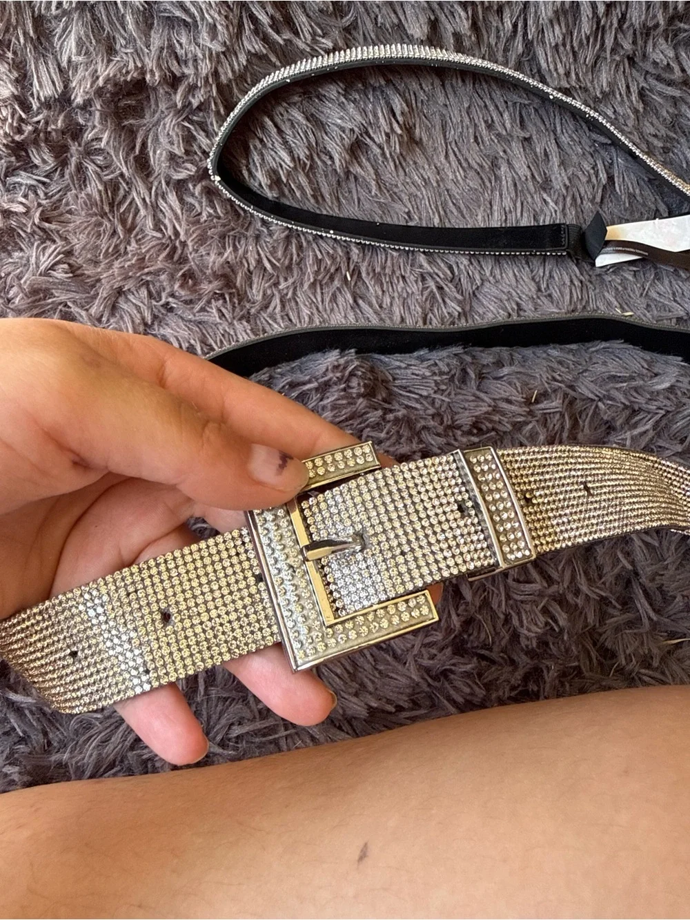 Two silver Rhinestone belts